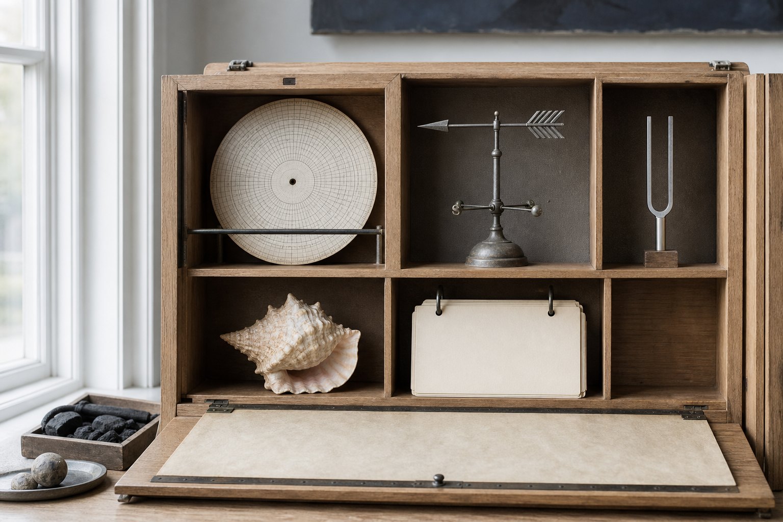 An open study cabinet divided into compartments for a calendar disk, weather instruments, music marks, and language slips