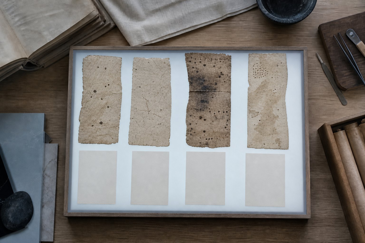 Four archival transcription slips aligned beneath photographs of different manuscript hands