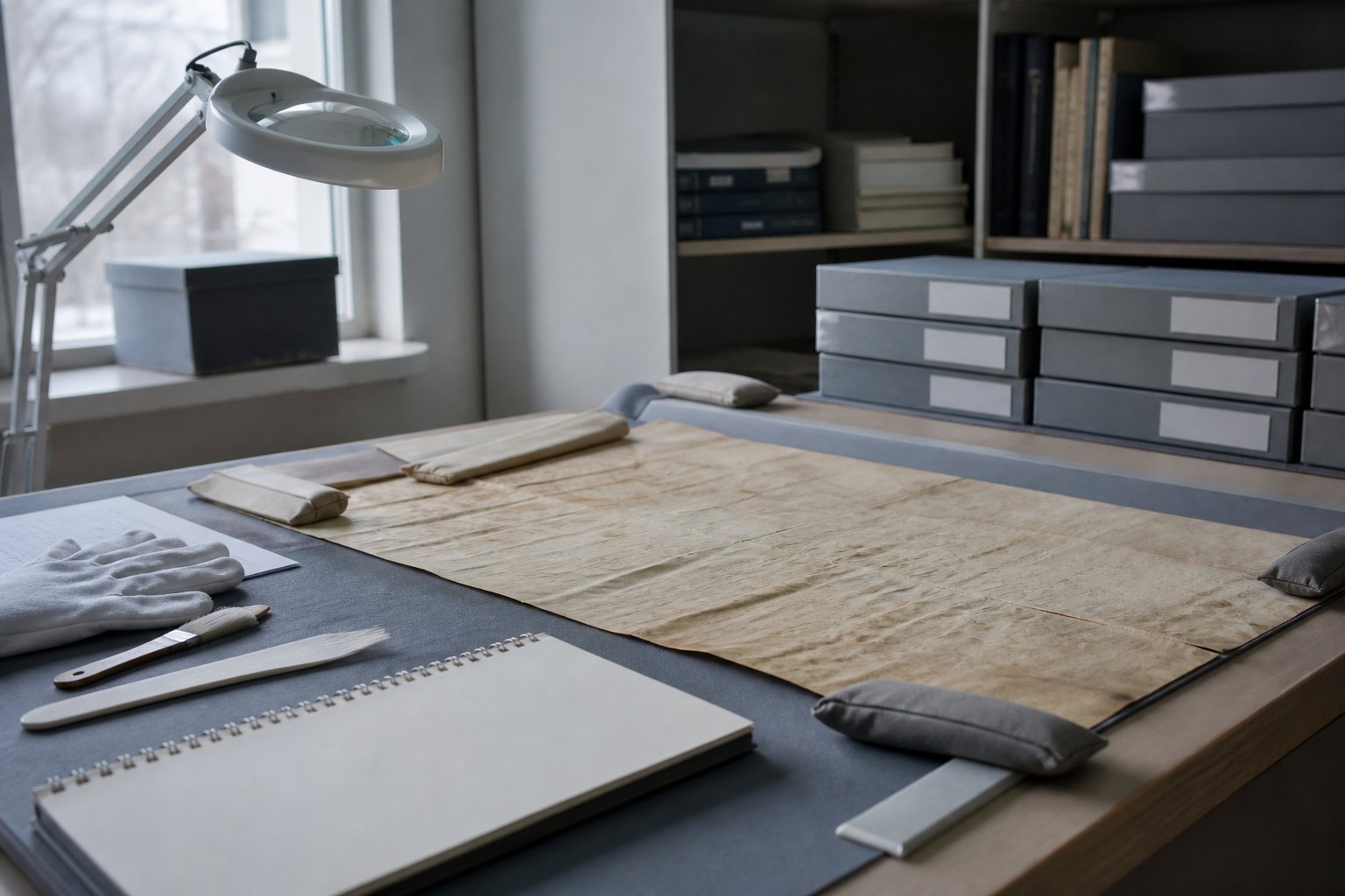 A conservator's table with document weights, a source log, and a carefully numbered archival box