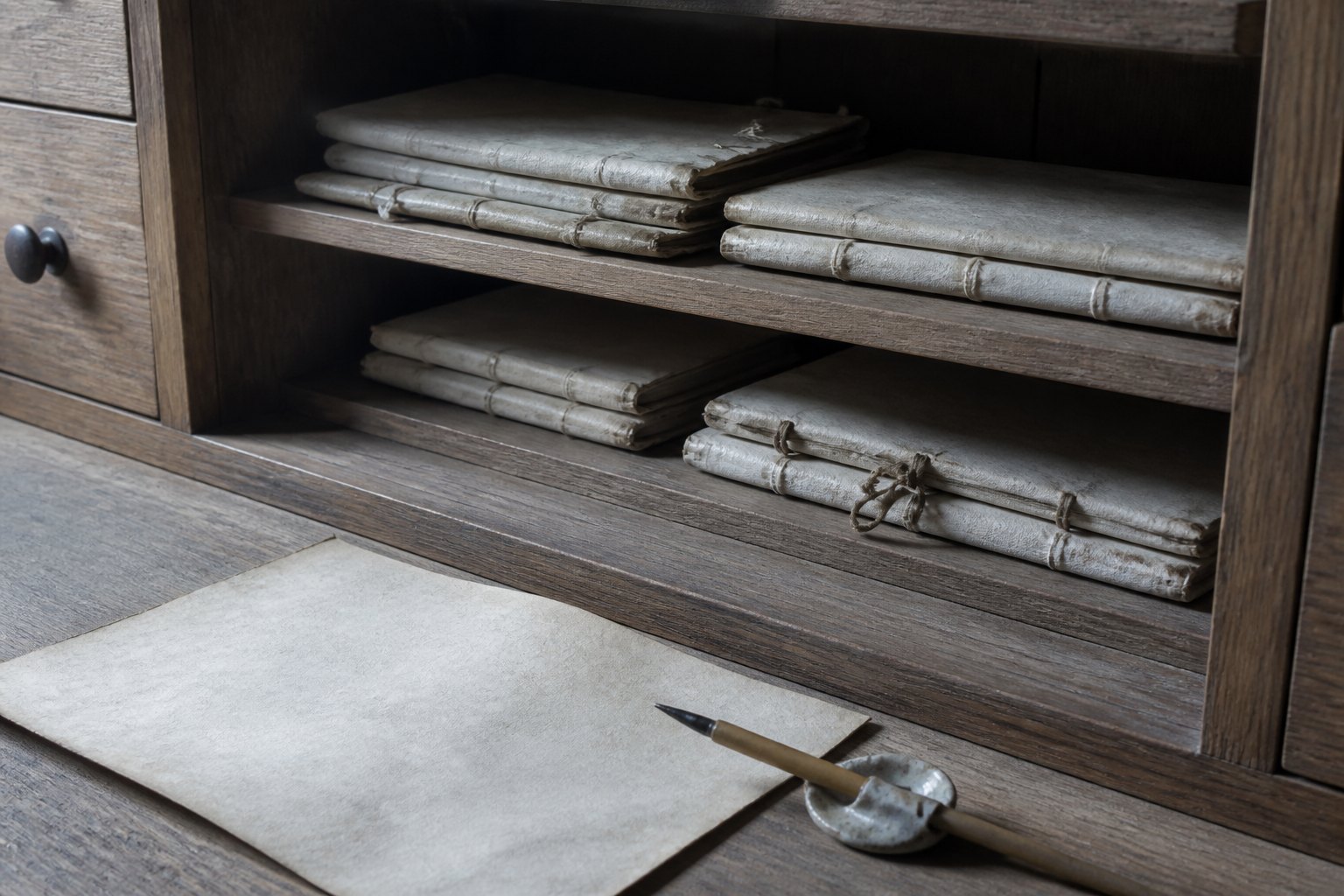 An archival storehouse table with closed folios, a reed pen, and one empty writing sheet