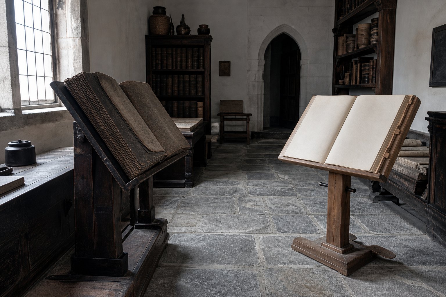 Two clearly separated manuscript traditions displayed on opposite sides of a research table