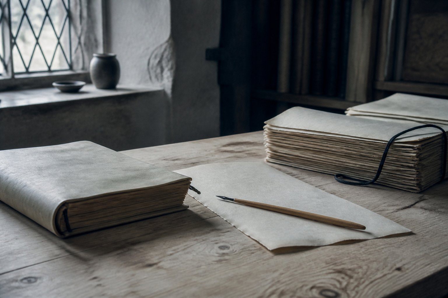 A reed pen moving across stages from a closed folio to an ordered stack of blank records
