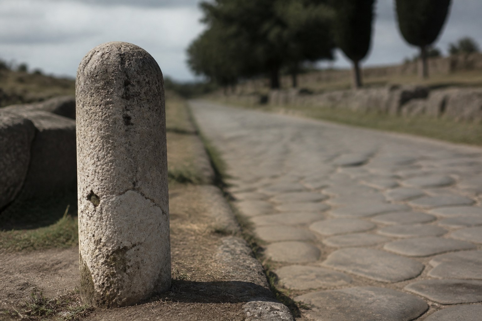 A weathered Roman milestone column standing beside an old paved road