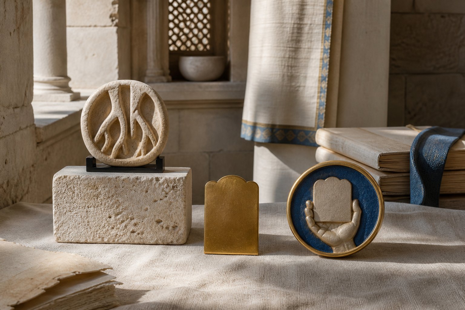 A museum display separating a root card, a divine-name tab, and a teaching-office seal