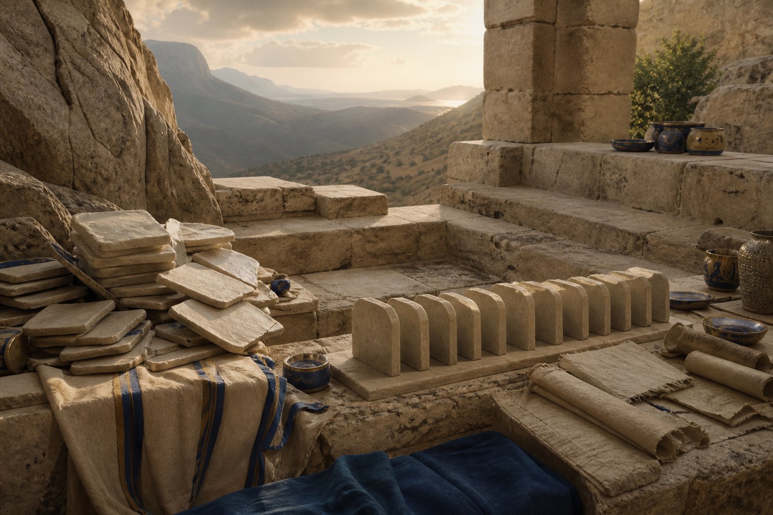 An ordered set of blank study tablets emerging from a confused stack on a mountain study table