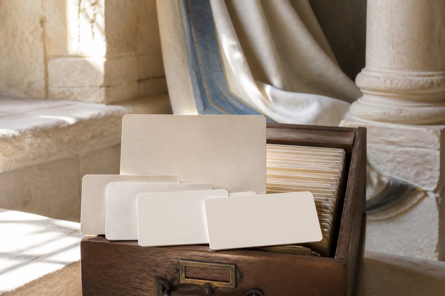 A card index of blank transliteration slips organized around a central Torah-teacher heading