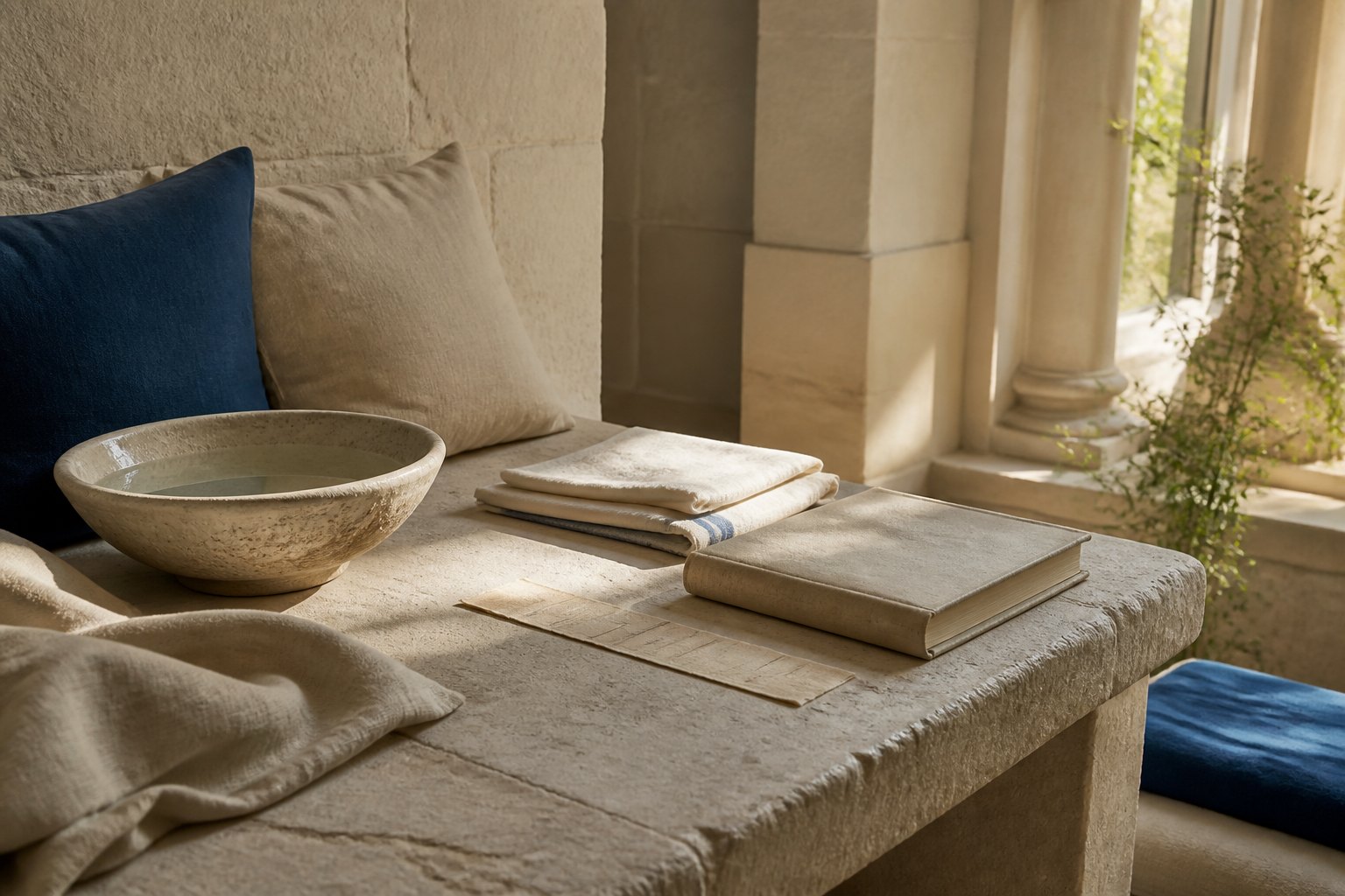 A quiet study bench with a water bowl, an unmarked schedule strip, and a closed manuscript under daylight