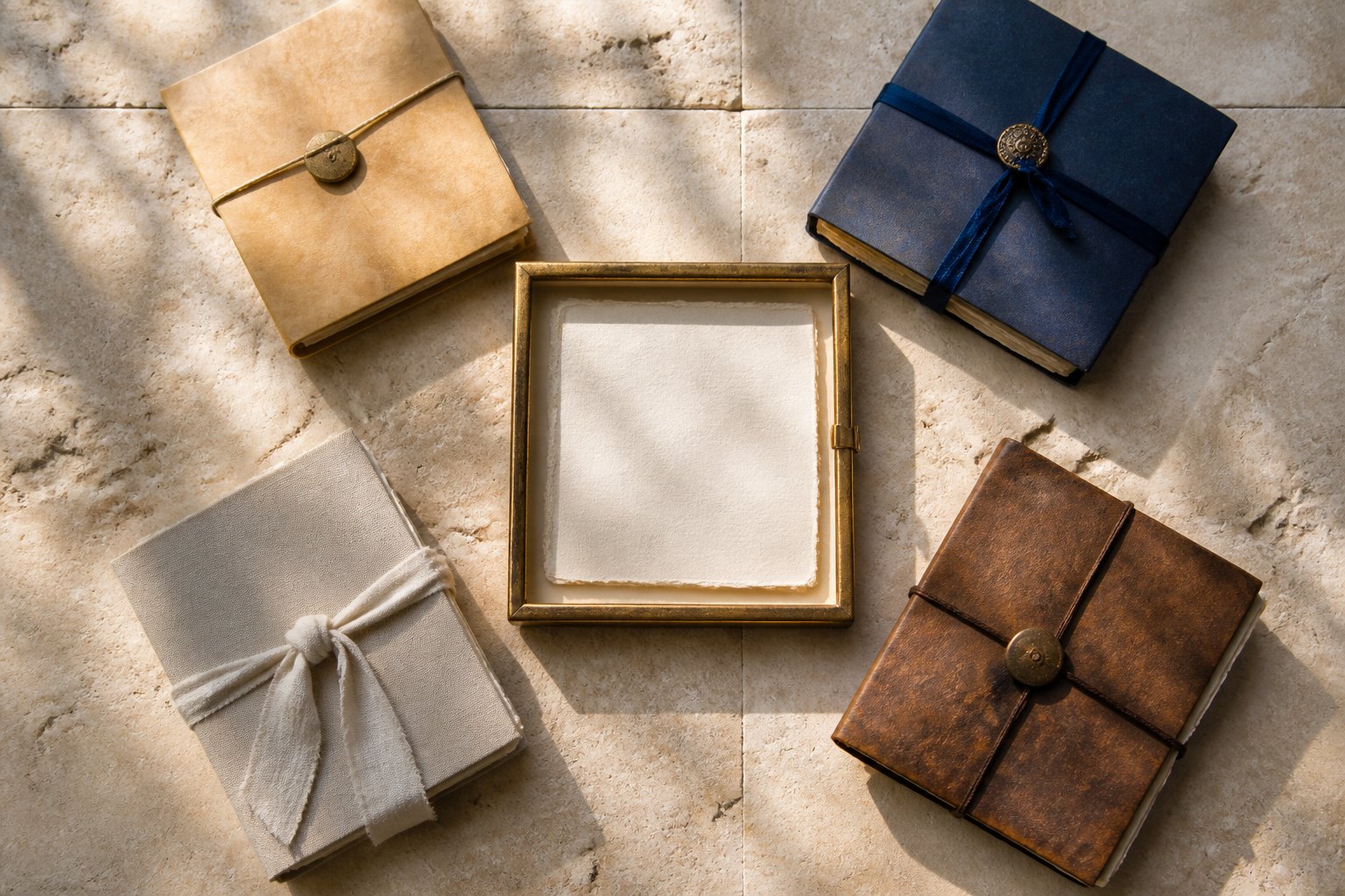 Four separate archival dossiers arranged around a shared teaching-office index
