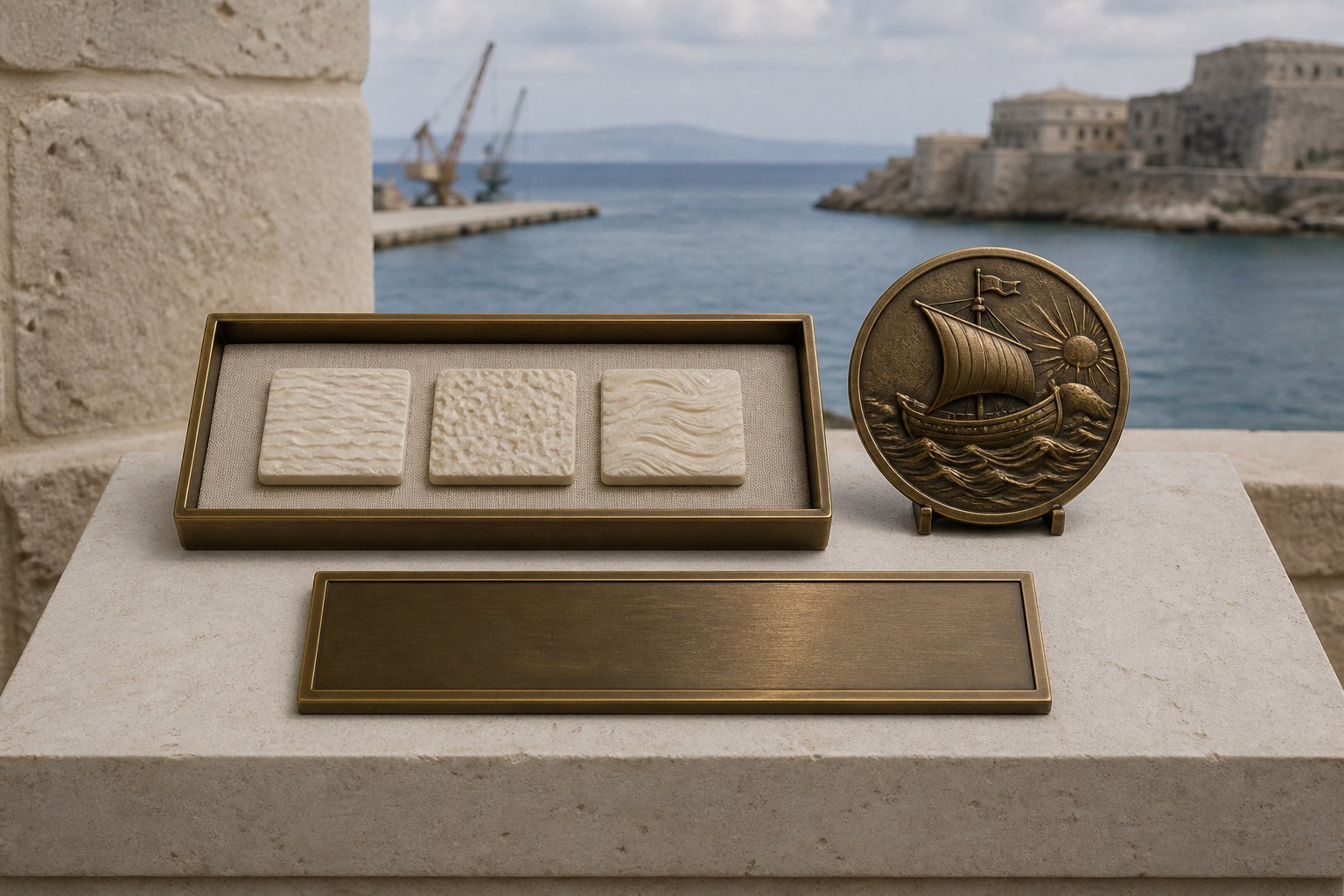 Three small letter tiles displayed separately from a hand-shaped bronze emblem and a title card