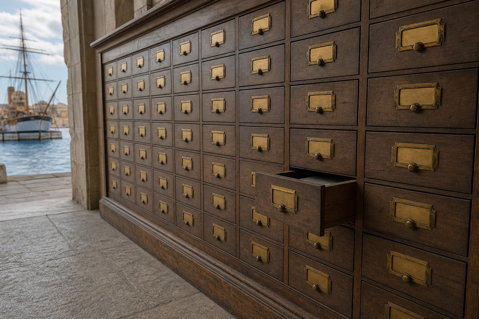 An archival sequence of blank name cards with the twenty-second position marked by a brass tab