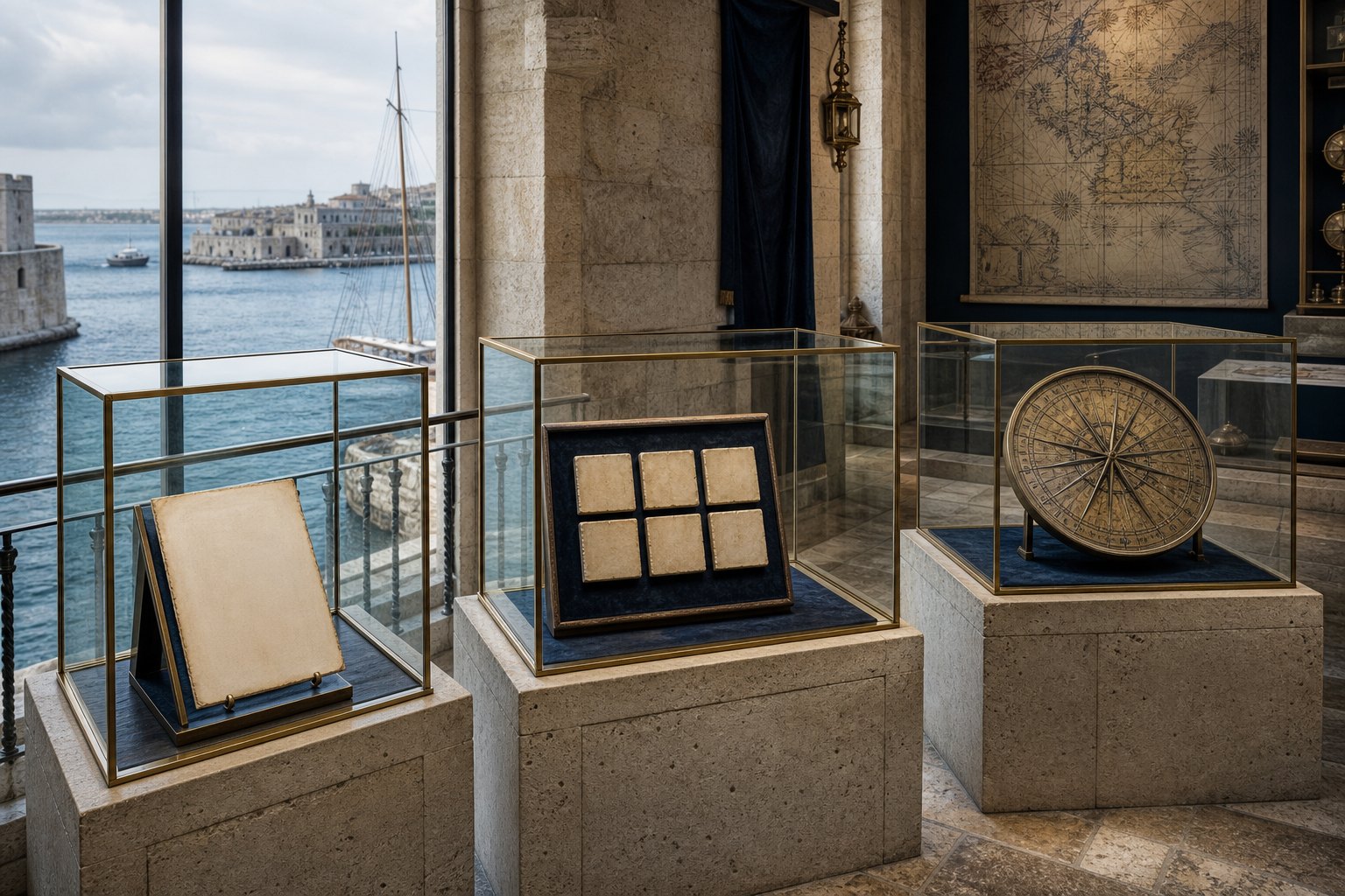 A psalm card, a numbered angel registry, and a calendar wheel displayed in three separate cases