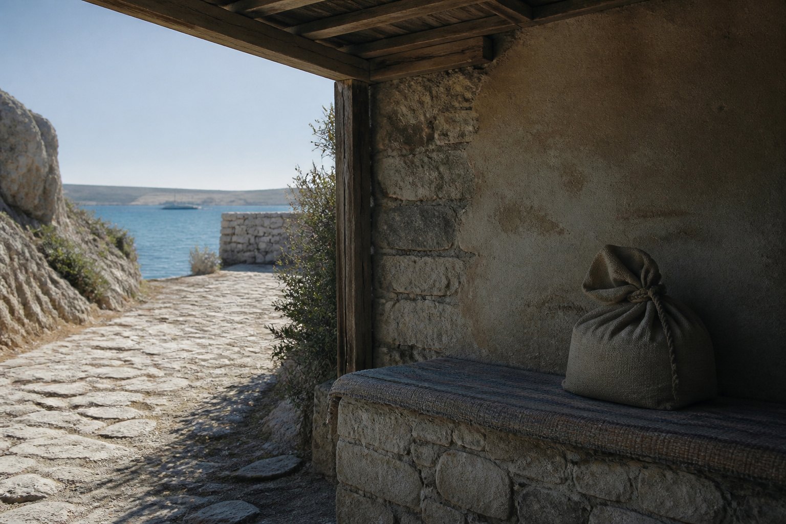 A traveler’s path crossing from strong sunlight into the shade of a stone shelter