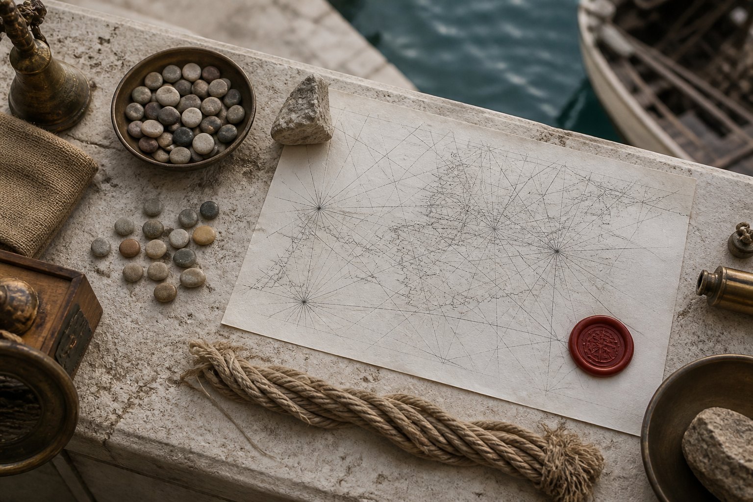 A portolan-style route chart beside cargo tallies and a travel seal on an archive table