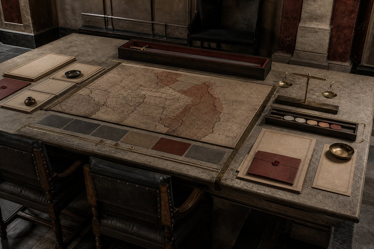 A planning table with a boundary map, witness notes, and an unraised ceremonial sword kept in its case