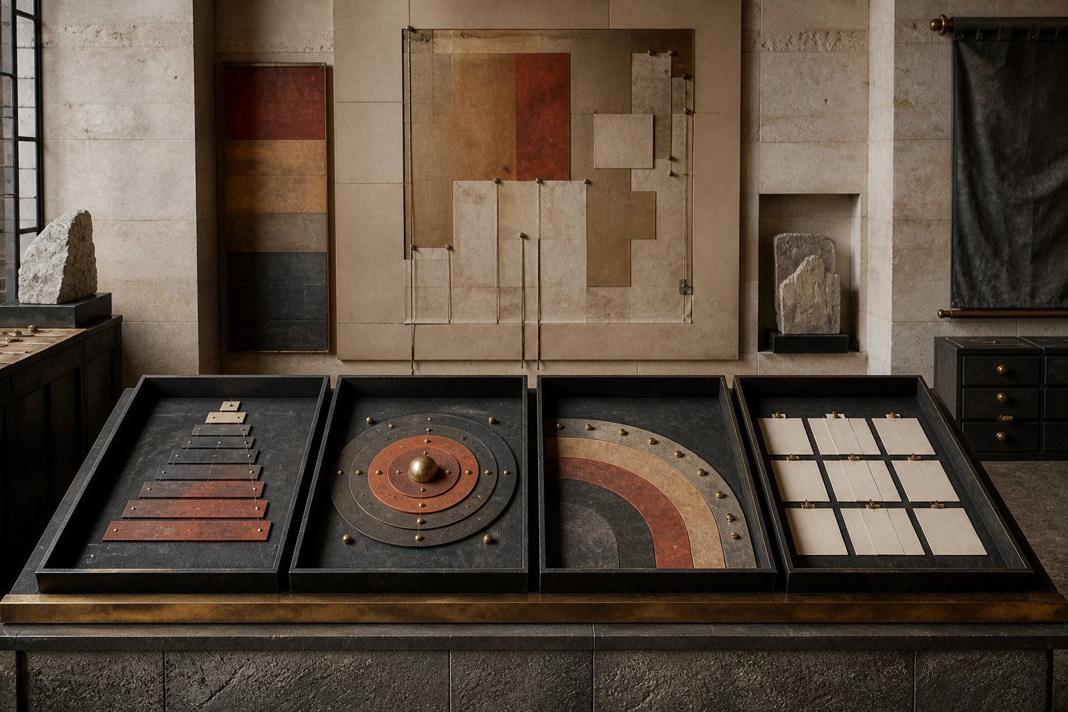 Separate museum trays containing a hierarchy ladder, planetary disk, calendar arc, and card grid