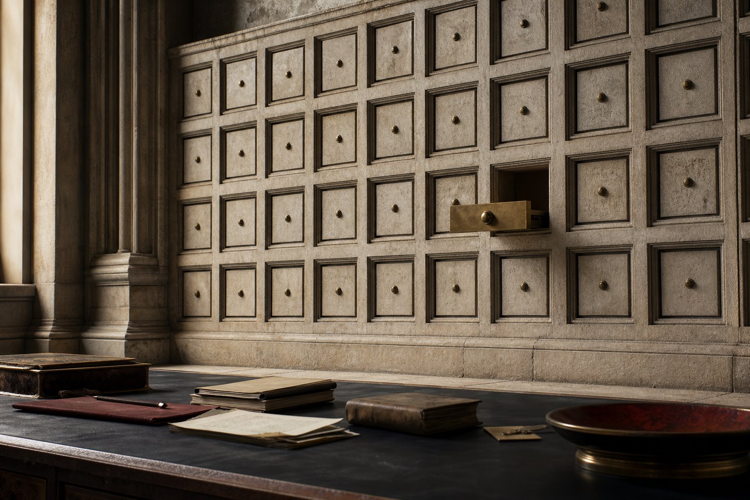 A forty-fourth registry drawer opened within a larger archive of seventy-two numbered compartments