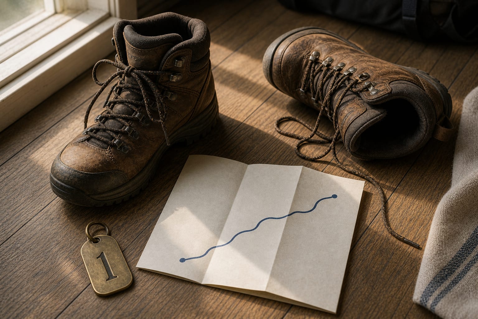 Hiking boot, folded blank route map, and brass tag marked 1