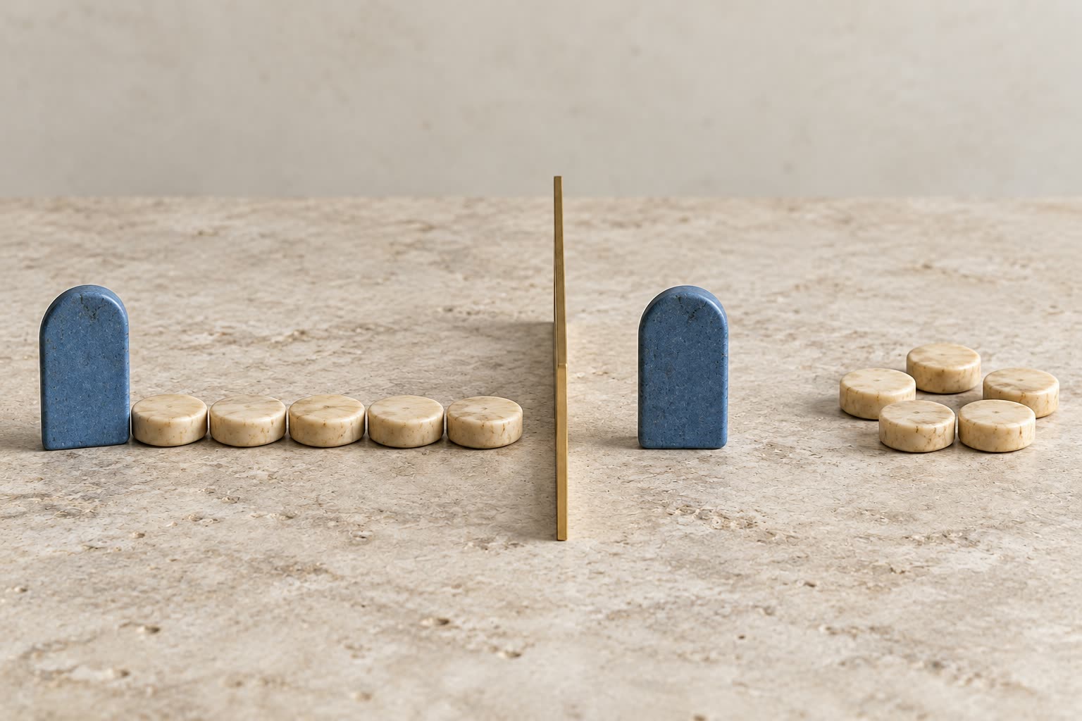 Two blue upright tokens compare leading a connected row with standing apart from an ivory group