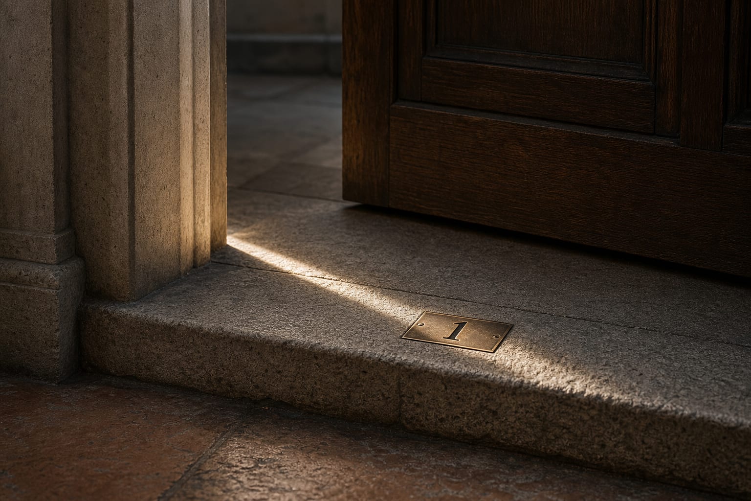 Stone doorway threshold with a small brass number 1 marker
