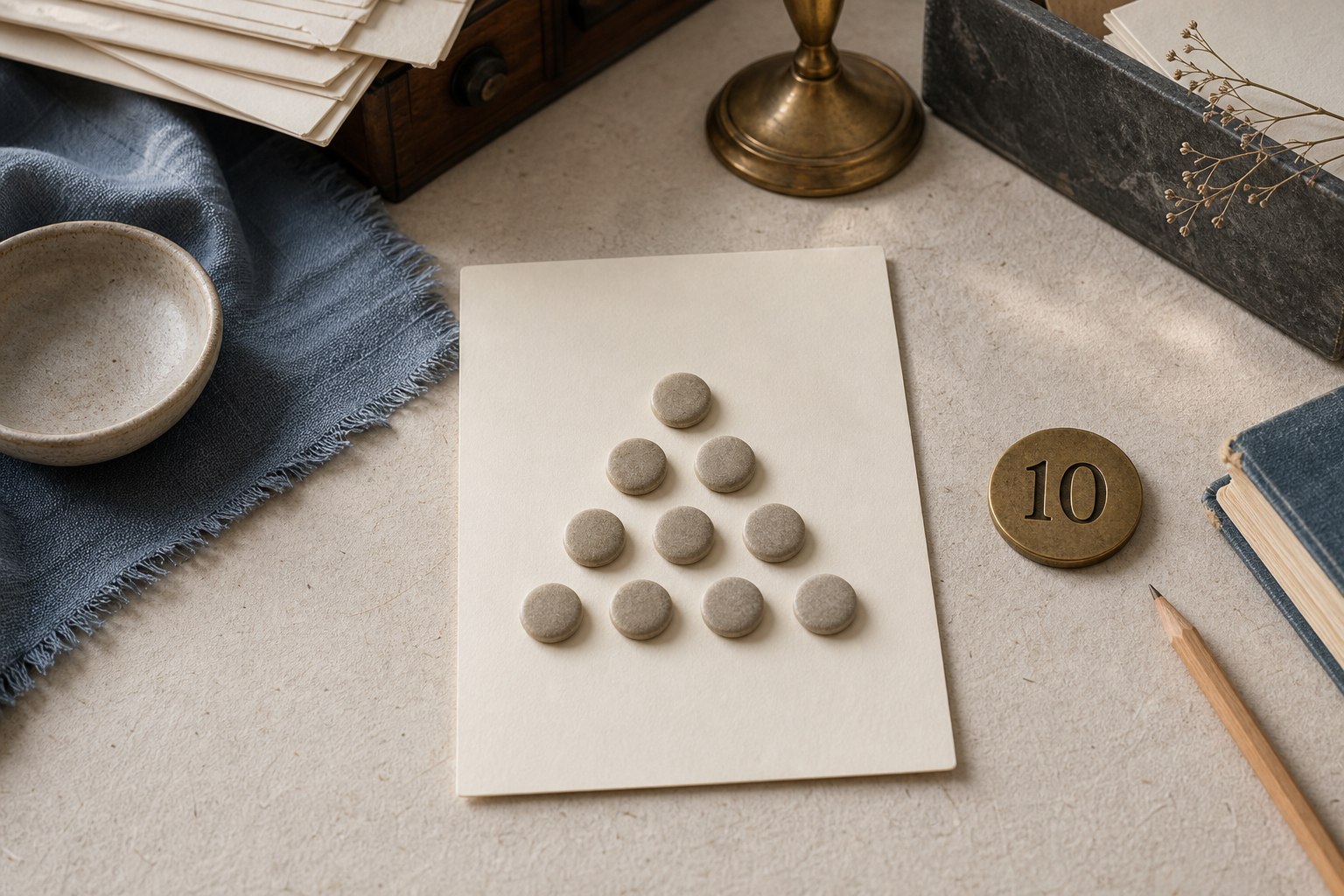 Ten tokens arranged in a simple triangle beside a brass marker numbered 10