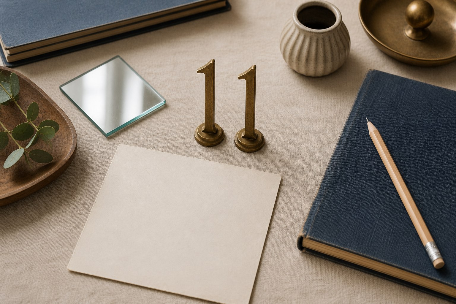 Two brass markers standing like 11 on a quiet desk