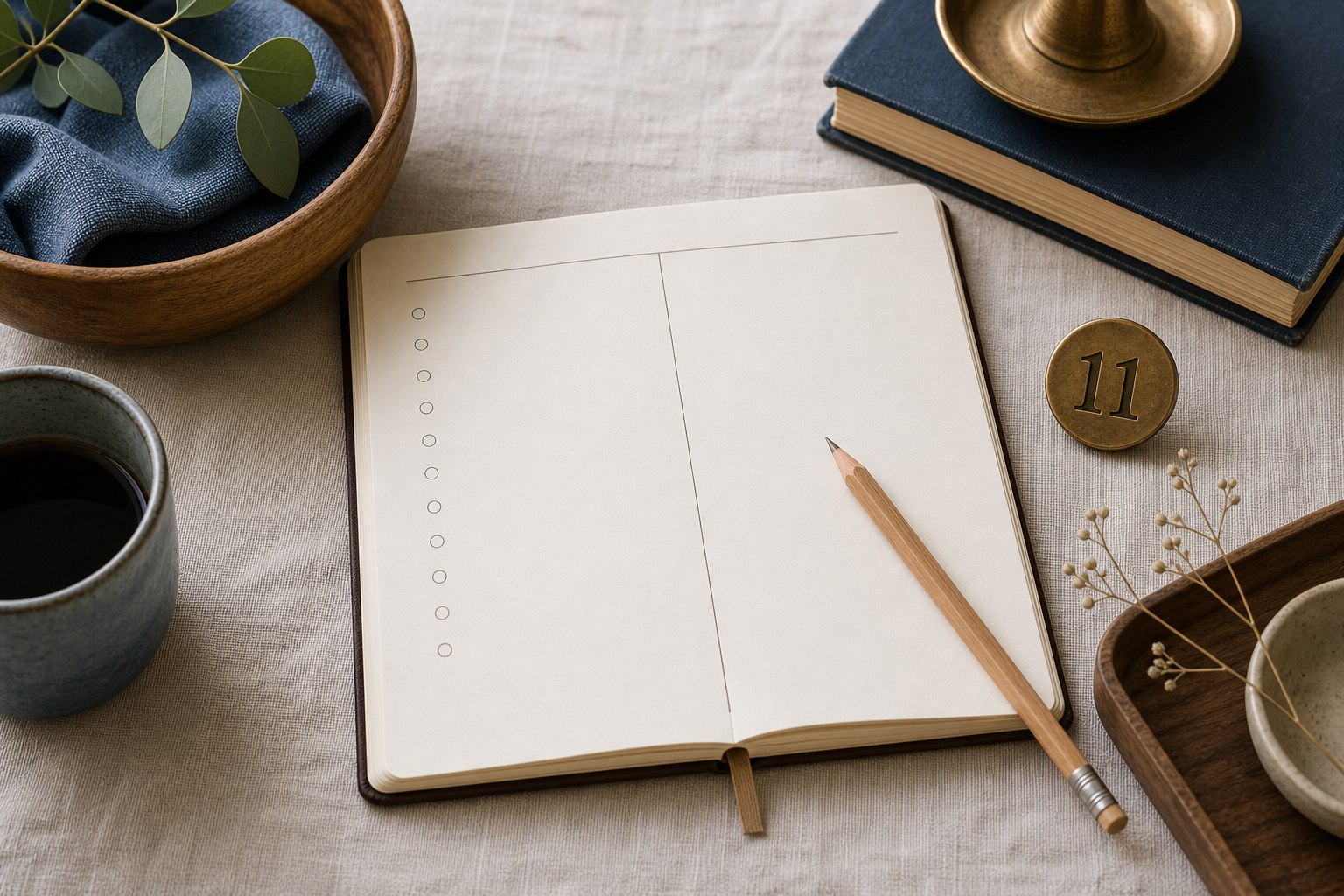 Blank intuition-tracking journal beside a brass marker numbered 11
