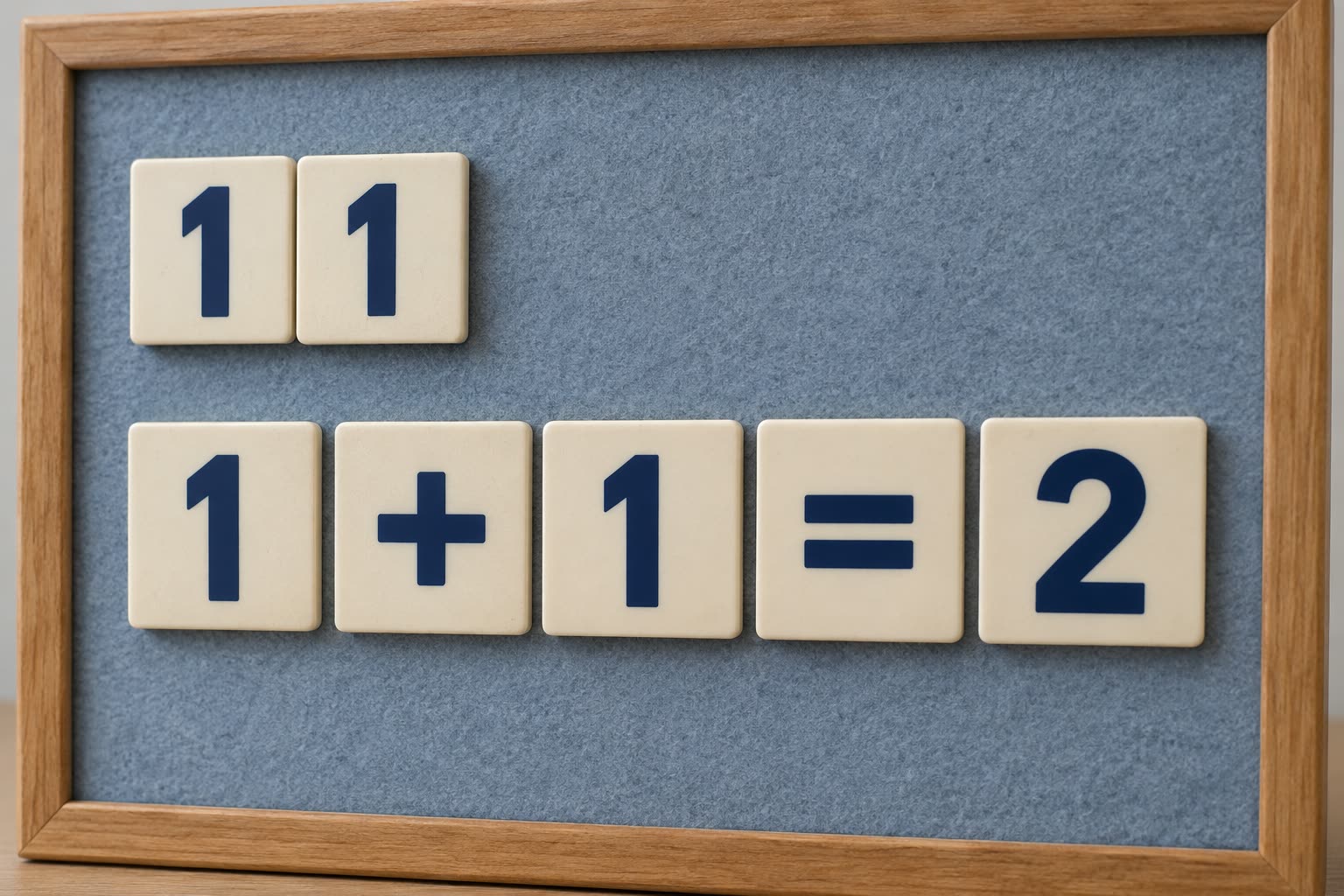Ivory number tiles show 11 above the equation 1 + 1 = 2 on a blue felt board