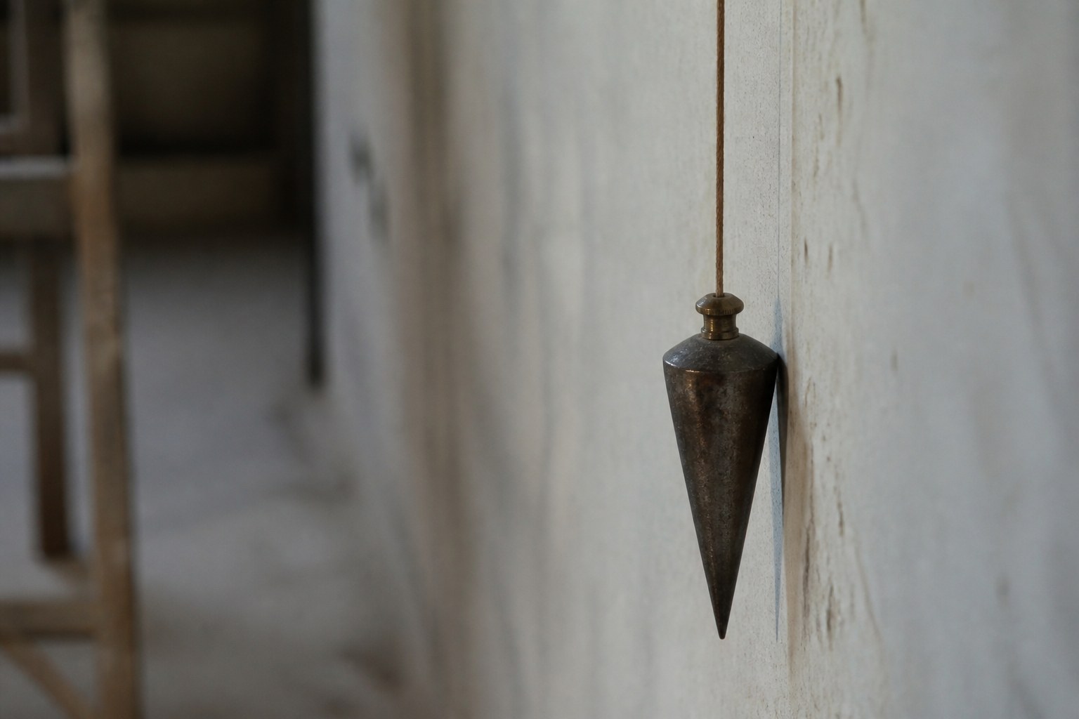 A plumb line hanging dead still on its cord against the wall it is being checked against