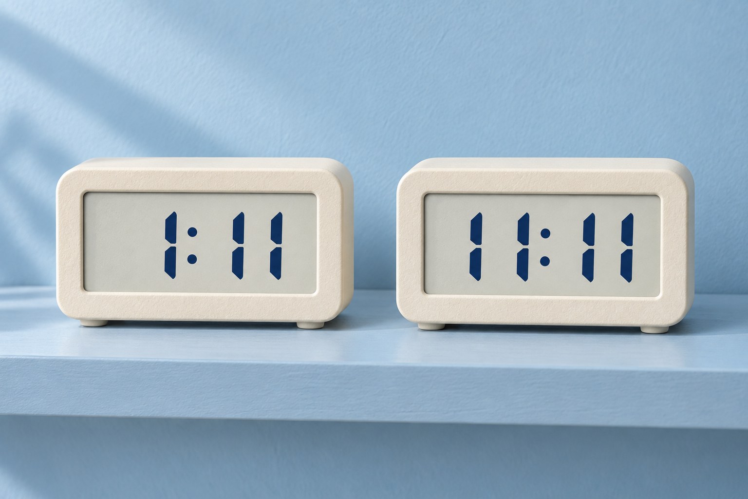 Two cream digital clocks showing 1:11 and 11:11 on a pale-blue shelf