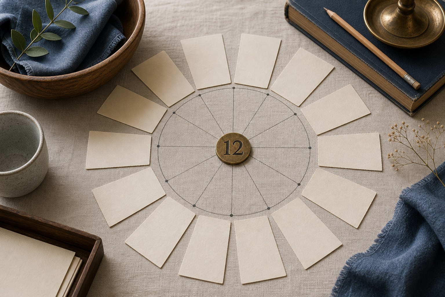Twelve blank cards arranged in a circle around a brass marker numbered 12