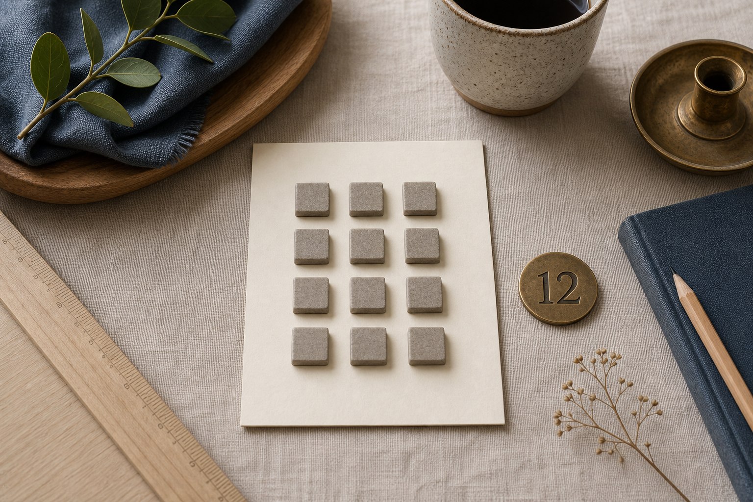 Twelve square tokens arranged as a three-by-four grid beside a brass marker numbered 12