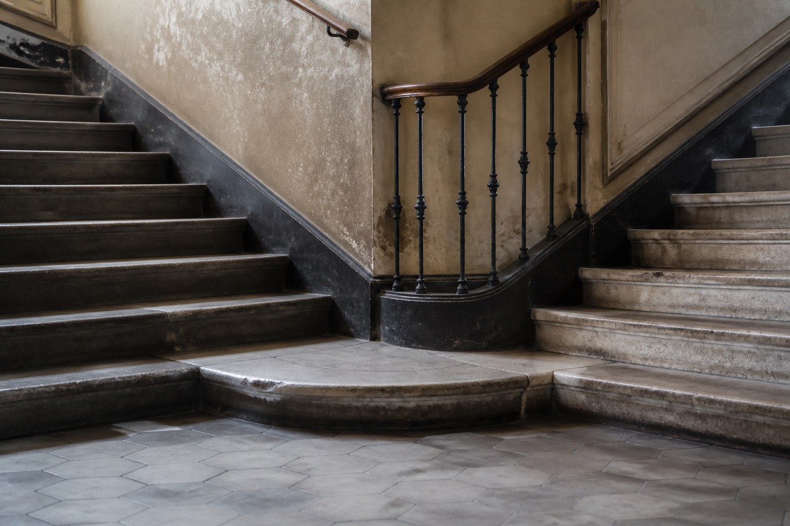 Two staircases meeting at a half landing, worn treads climbing from opposite sides