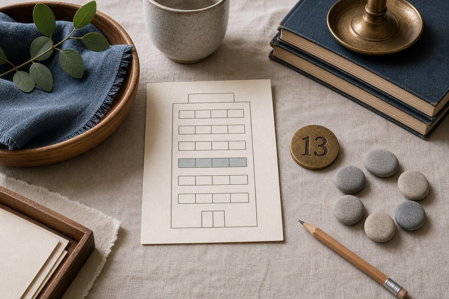 Neutral stones and a blank floor card beside a brass marker numbered 13
