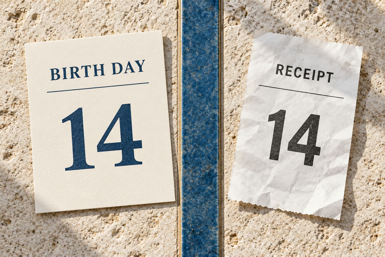 A birth-day card marked 14 and a separate receipt marked 14 beside a blue ceramic strip on pale stone