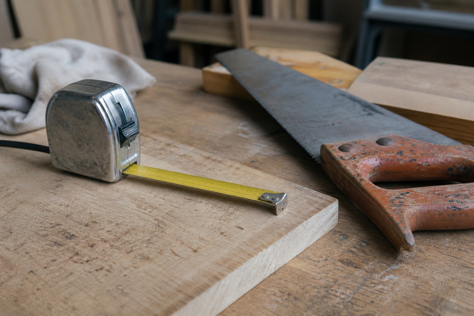 A steel tape measure extended and locked against a pencil mark on a workbench, a saw beside it