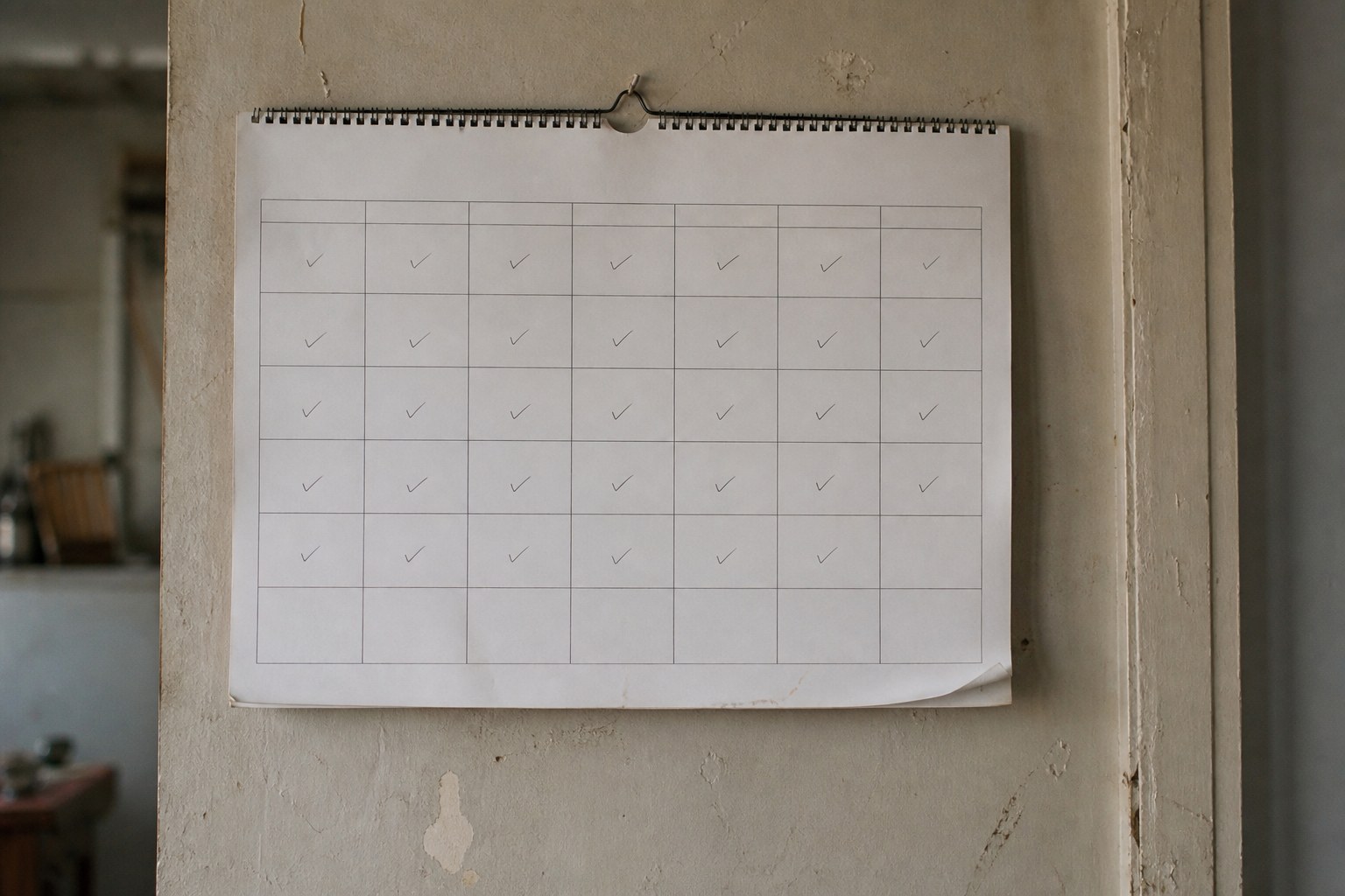 A paper wall calendar with a small pencil tick in the corner of most days in the month