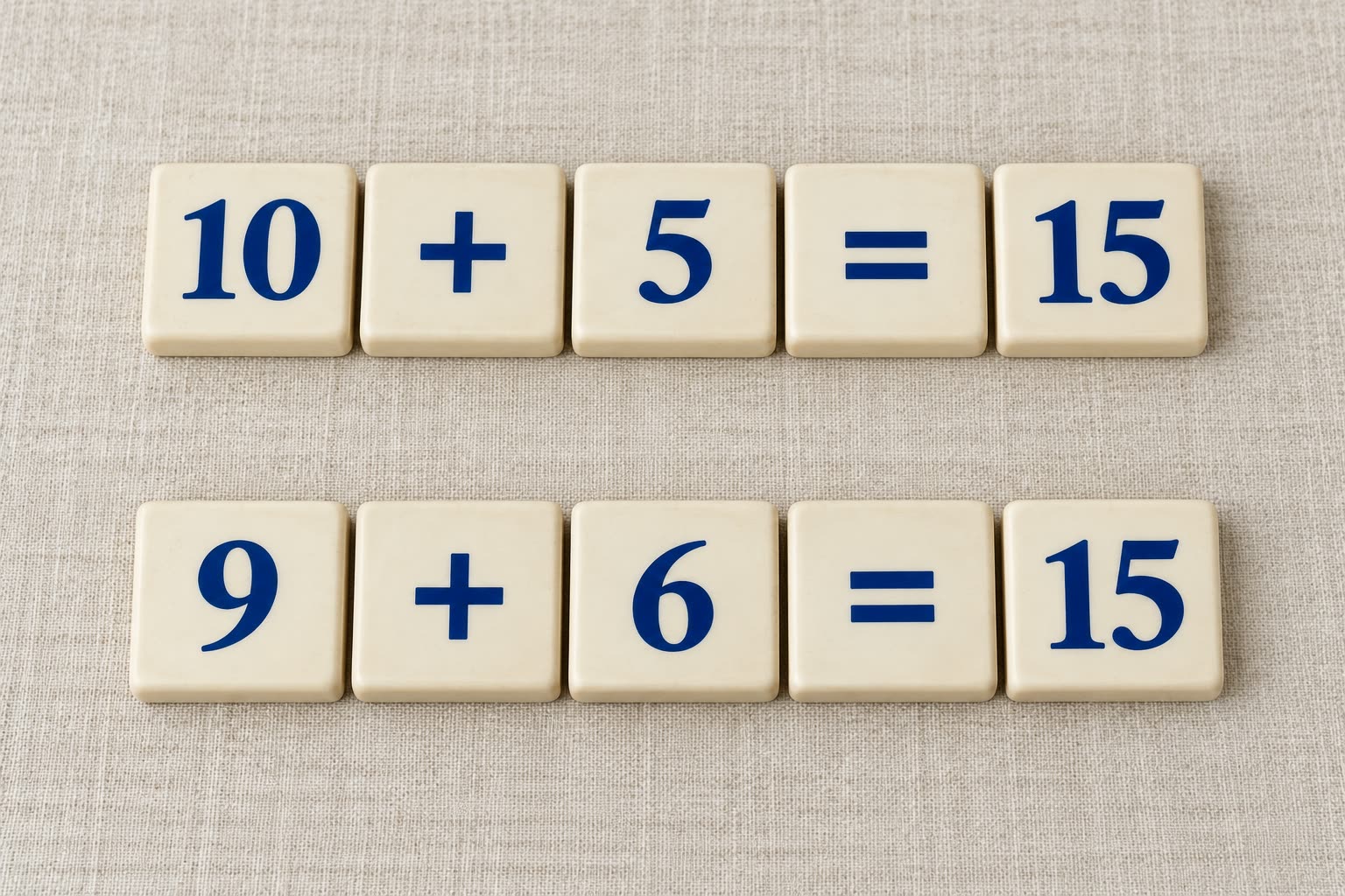 Two rows of wooden teaching pieces show 10 + 5 = 15 and 9 + 6 = 15