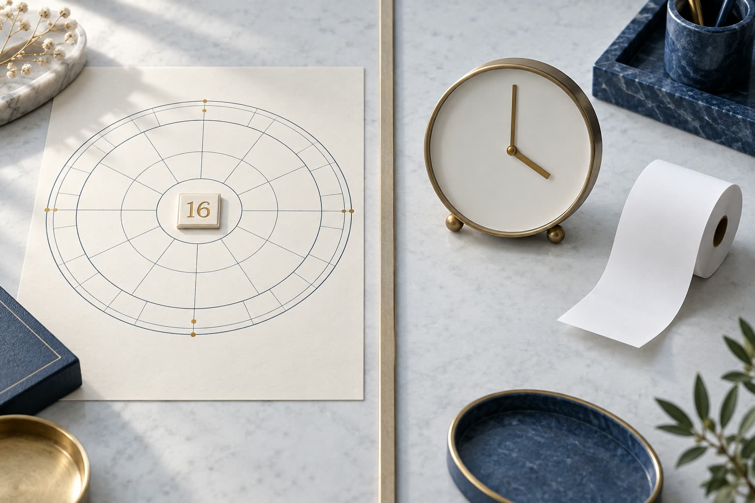 A chart grid with a 16 tile sits across a divider from an analog clock at four o'clock and a blank receipt roll