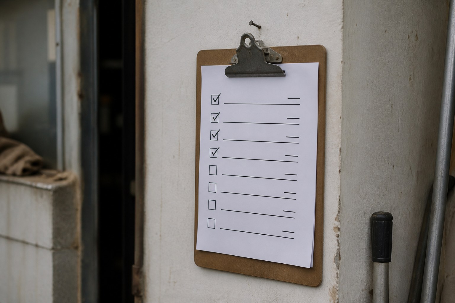 A clipboard hanging on a nail holding a checklist with some boxes ticked and some blank