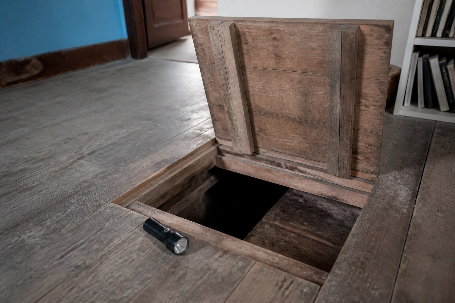 An inspection hatch propped open in a wooden floor with a torch lying beside the opening
