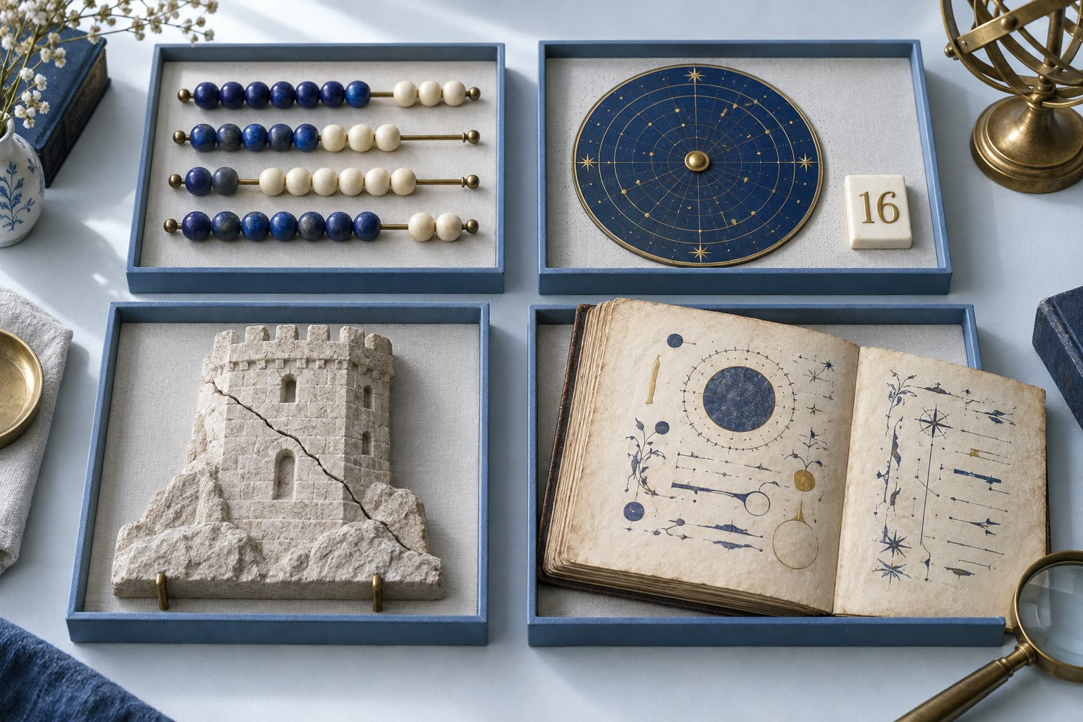 Four separate archival trays hold counting beads, a chart with a 16 tile, a cracked tower model, and a manuscript
