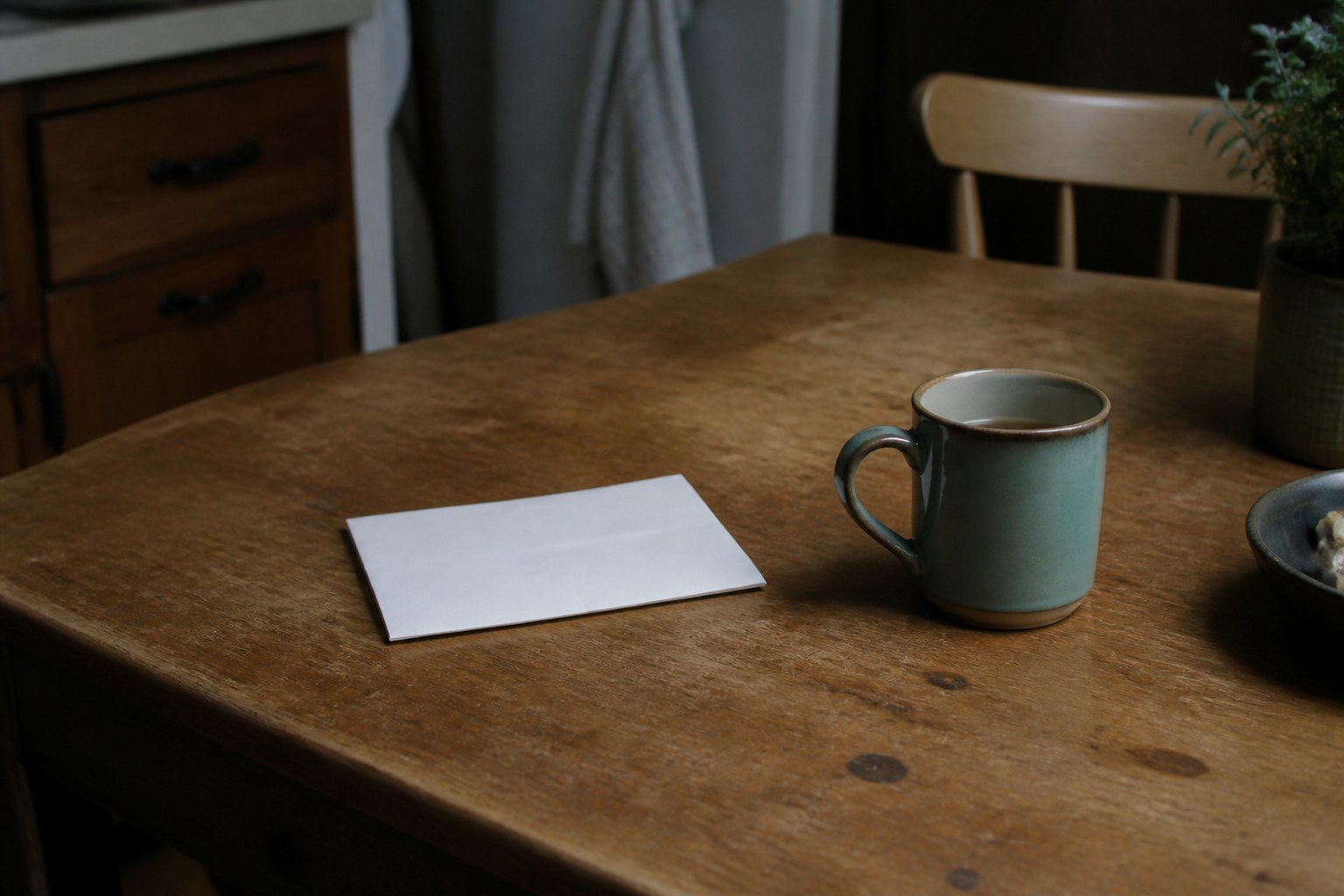 A sheet of paper folded once and left face down beside a cooling mug on a kitchen table