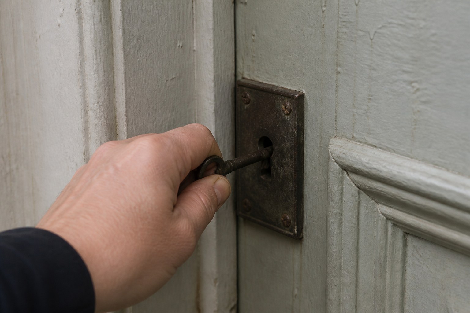 A hand turning a single key in a mortice lock on a painted door