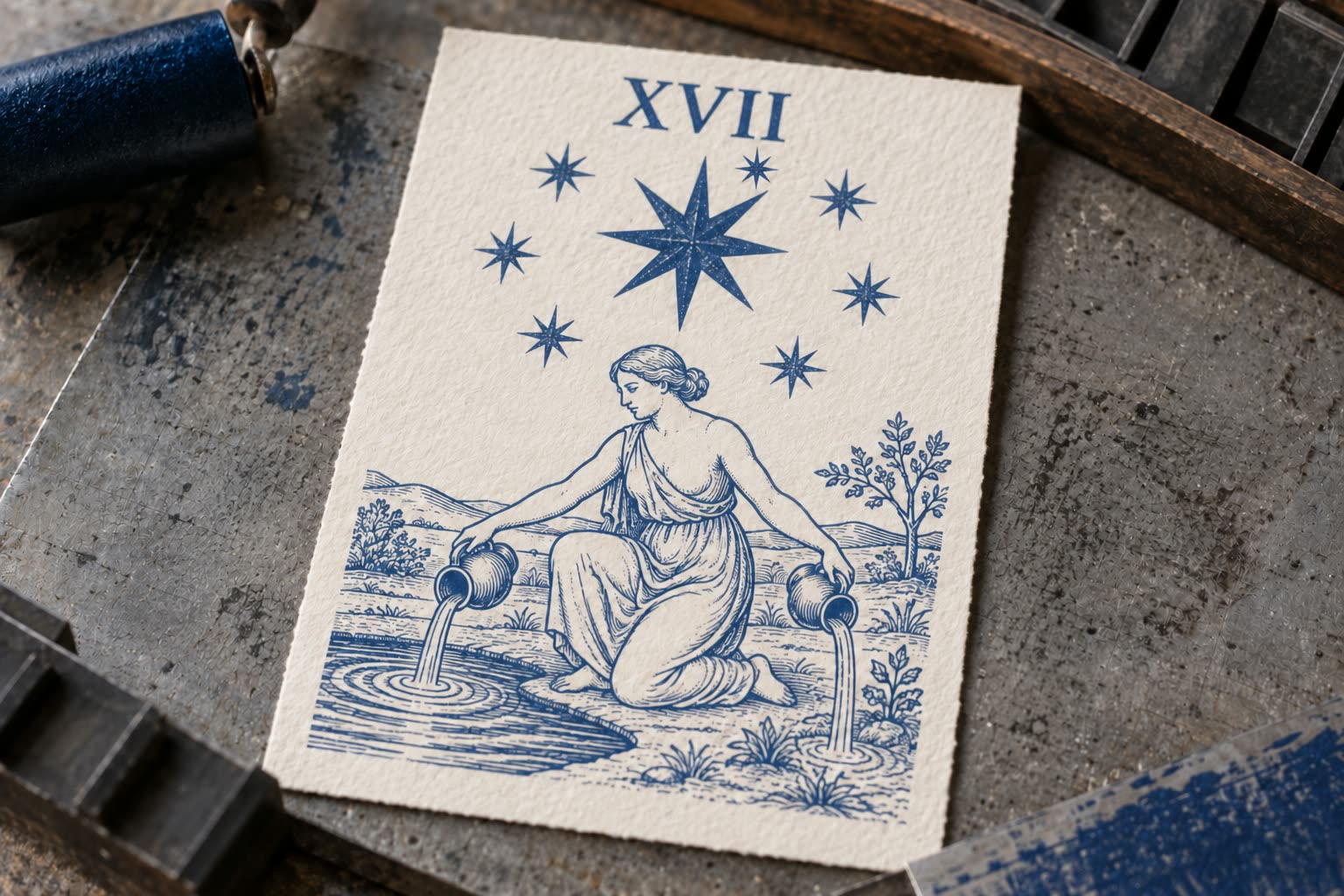A contemporary printed Star illustration marked XVII, with one large eight-rayed star, seven smaller stars and a figure pouring two vessels