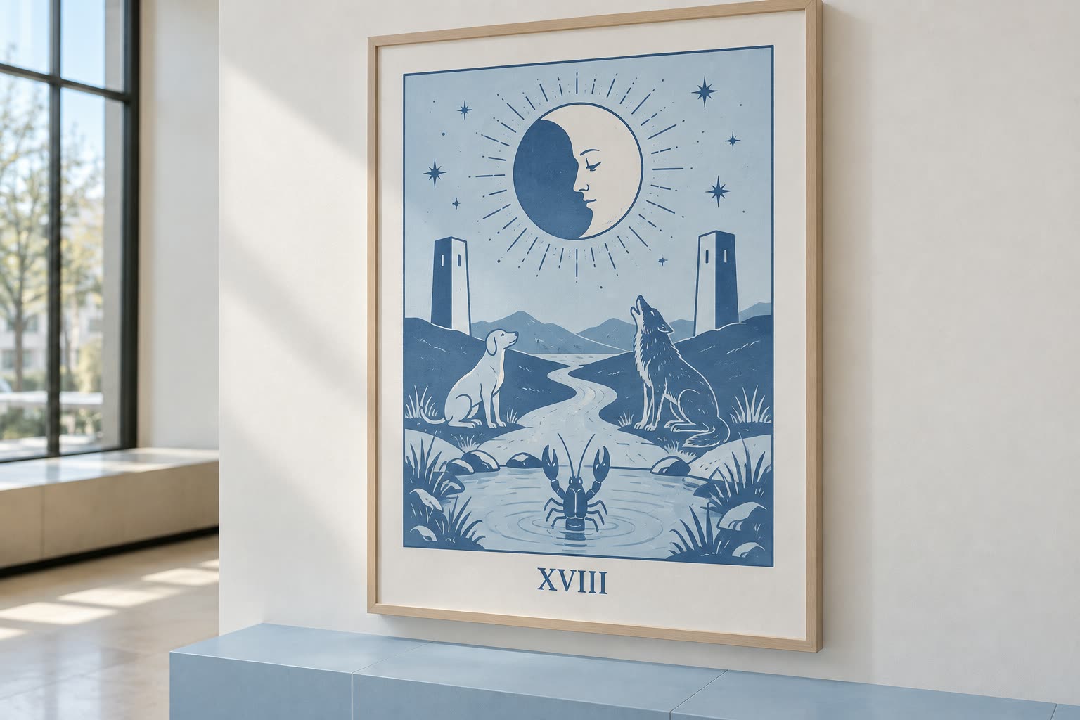 A contemporary Moon illustration marked XVIII, showing a dog, a wolf, a crayfish, a pool and a path between two towers