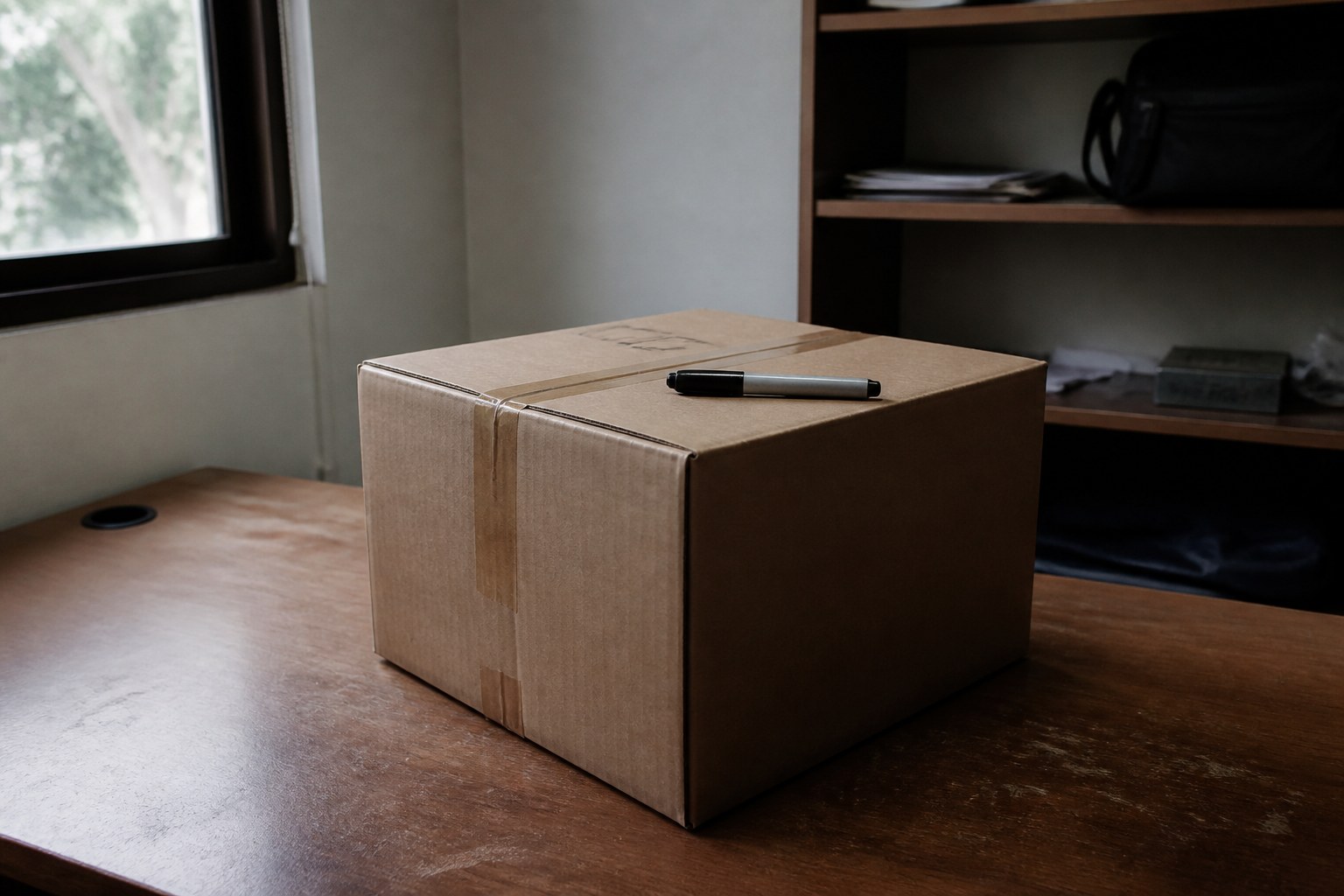 A cardboard box packed and taped shut on an emptied desk with a marker pen on the lid