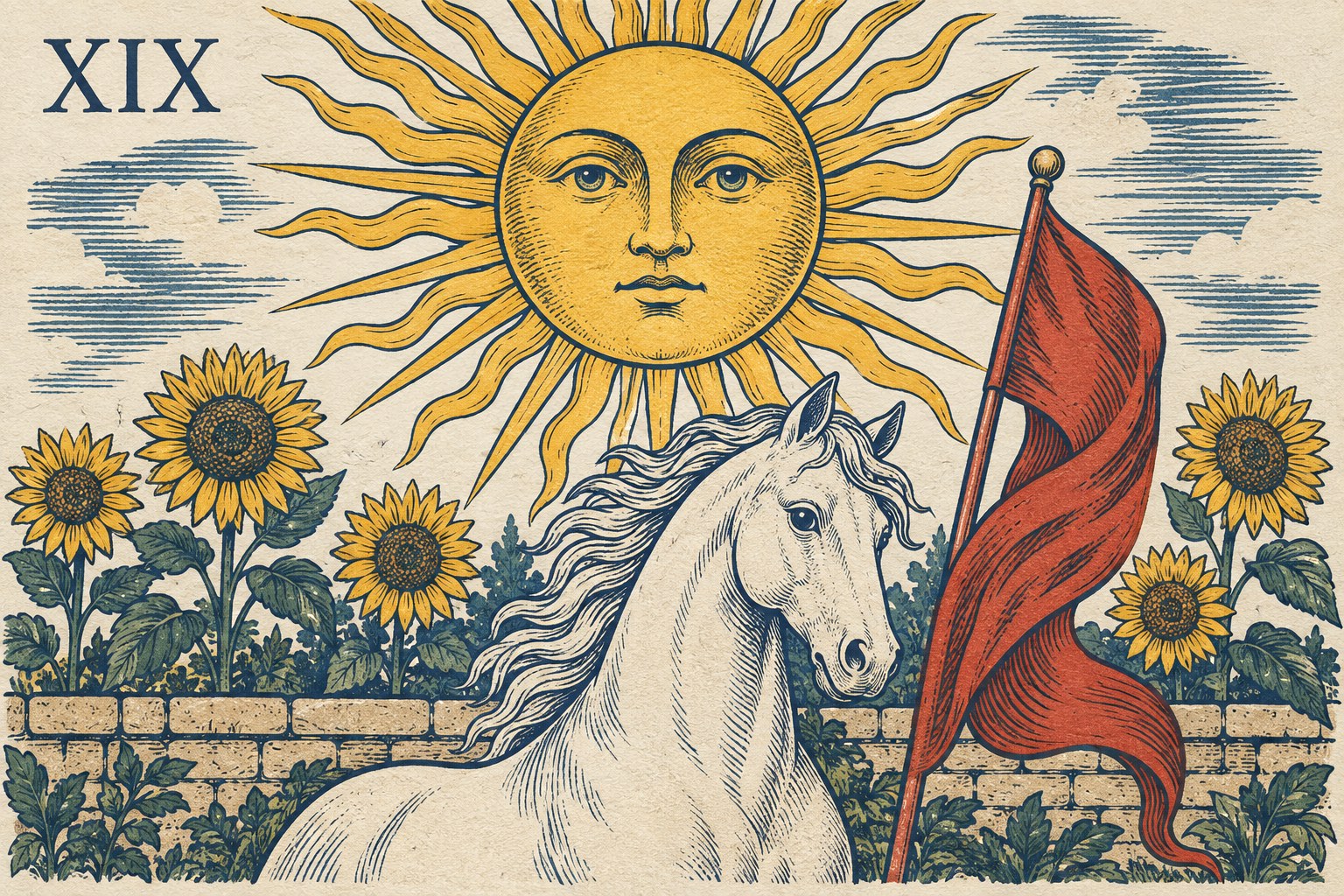 A modern Sun motif print showing a radiant sun, white horse, red banner, sunflowers and garden wall beneath XIX