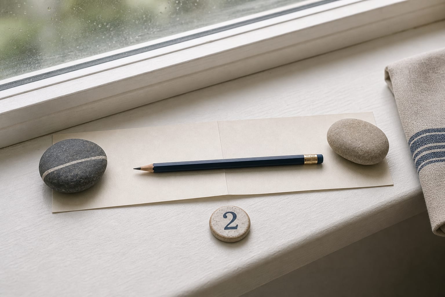 Two stones balanced across a folded paper strip with a token marked 2