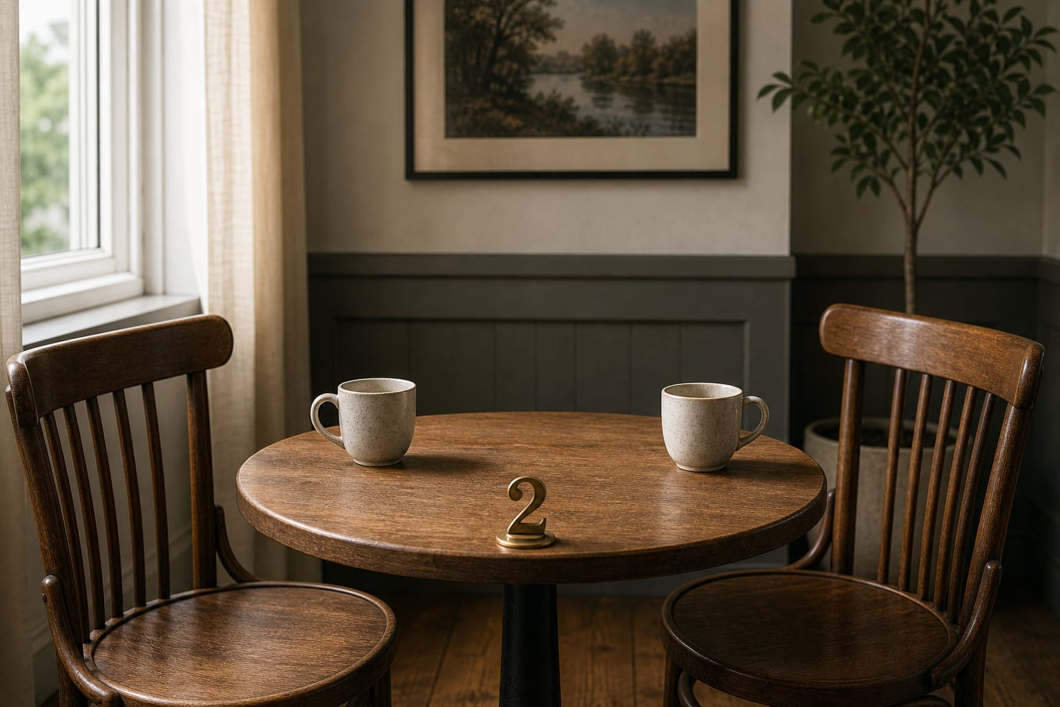 Two empty chairs and two cups at a small table marked 2