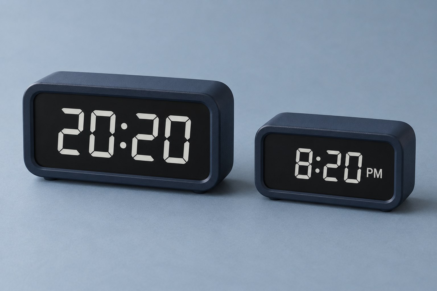 Two evening clock displays showing 20:20 and 8:20 PM